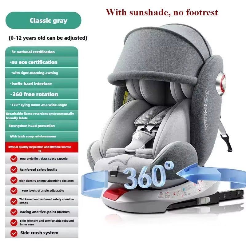 Universal 360° Rotation Child Car Safety Seats Baby Car Seat Sit Chair for 0-12 Years Old ISOFIX Steel Interface for Newborn