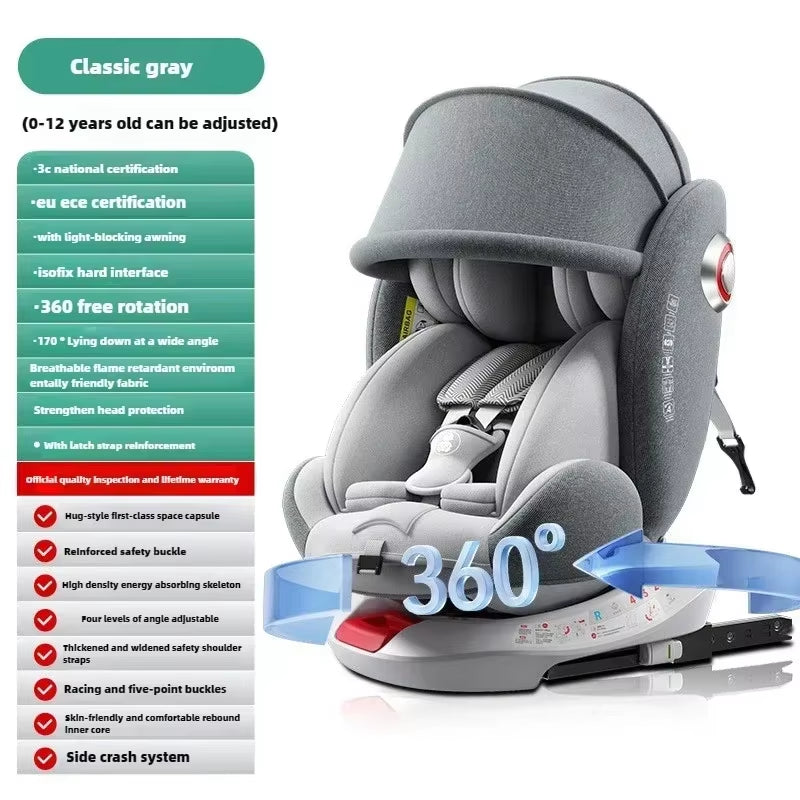 Universal 360° Rotation Child Car Safety Seats Baby Car Seat Sit Chair for 0-12 Years Old ISOFIX Steel Interface for Newborn