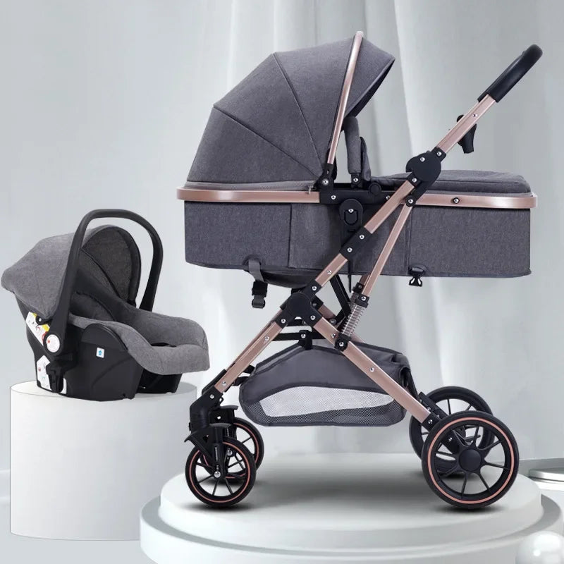 3-In-1 High-View Baby Stroller with Car Seat Foldable, Adjustable Backrest, Two-Way Portable Shock-Absorbing Baby Stroller