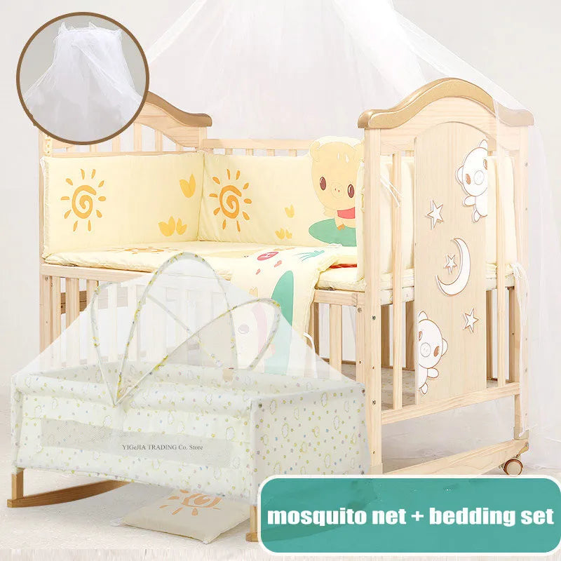 Pine Wood Baby Crib with Inner Cot, No Paint Kids Bed, Size 106*62*102Cm, Small Cradle 84*45Cm