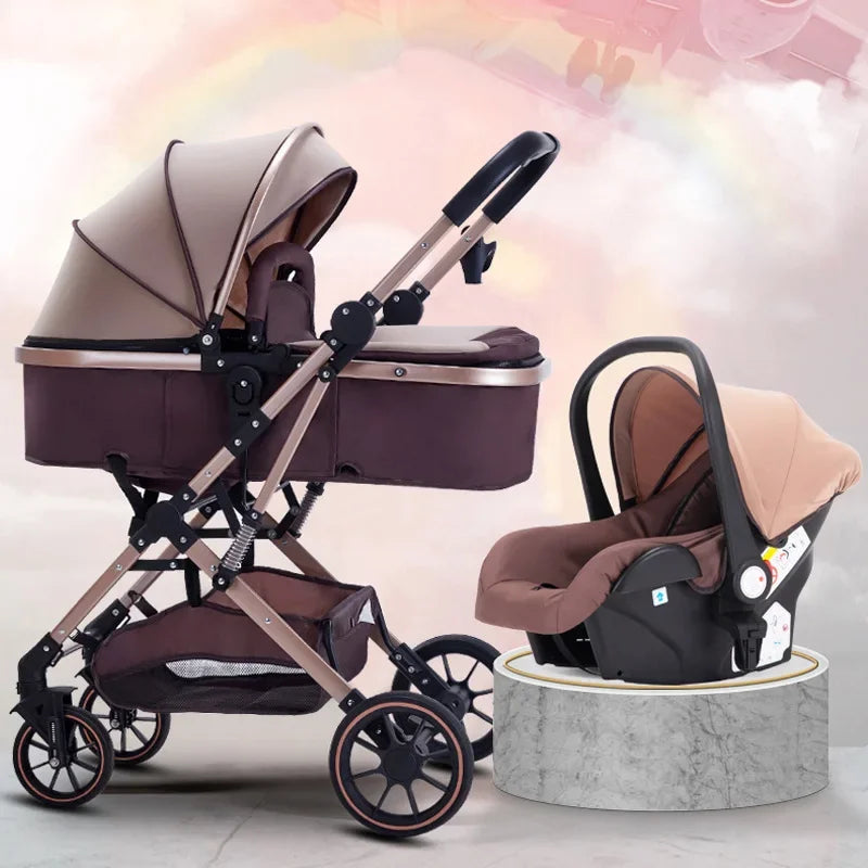 3-In-1 High-View Baby Stroller with Car Seat Foldable, Adjustable Backrest, Two-Way Portable Shock-Absorbing Baby Stroller