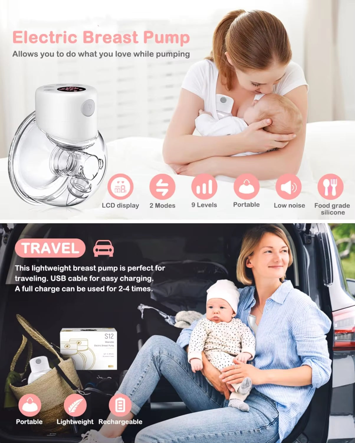 S12 Double / Single Electric Breast Pumps, Hands-Free Poratable Mom Milk Puller Pump, Slient Breastfeeding Pump for Baby