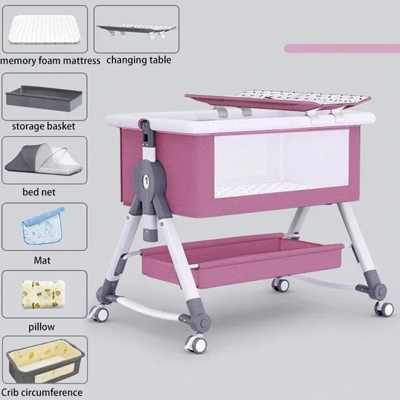 Crib Movable Multi-Function Folding Height Adjustment Splicing Queen Bed Baby Bassinet Newborn Bb Bed Anti-Overflow