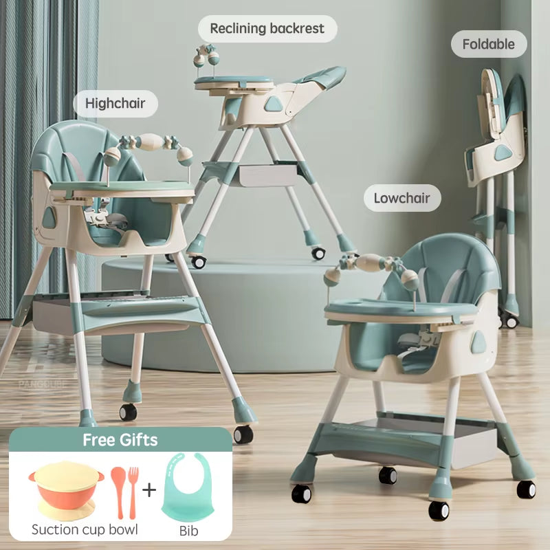 Reclining Baby Eating Chair Multi-Functional Foldable Kids' Dinning Chair 6 Months ~ 6 Years Old Baby Feeding Chair with Wheels