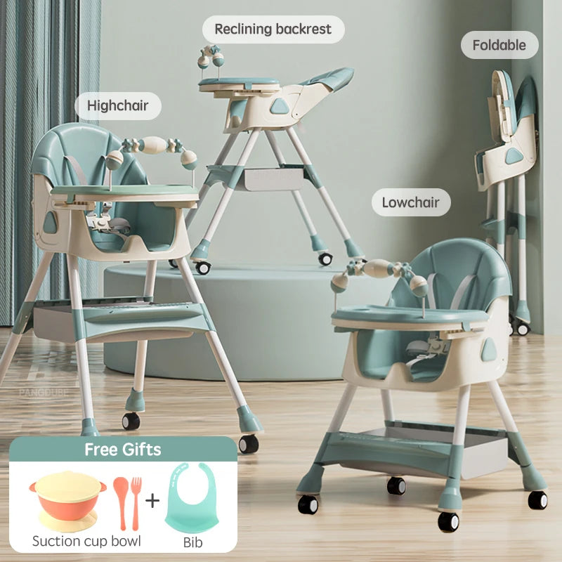 Baby Seat Toddler Eating Chair Baby High Chair for Dinner Baby Feeding Chair with 4 Wheels, Bib, Bowl&Spoon, Reclining