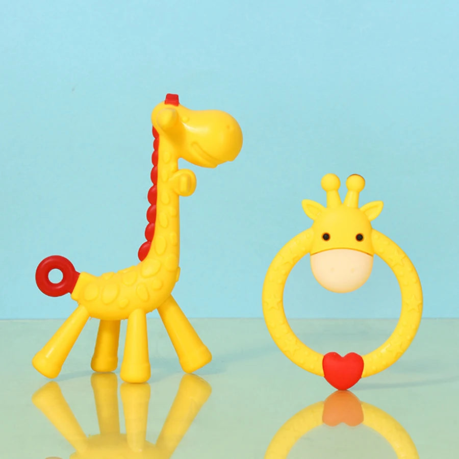 2Pcs Baby Deer Teether Toy Glue Giraffe Set Ring Deer Love Cute Animal Molar Relief Teething Discomfort Soft Silicone