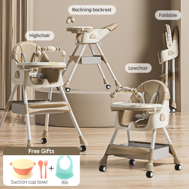 Baby Seat Toddler Eating Chair Baby High Chair for Dinner Baby Feeding Chair with 4 Wheels, Bib, Bowl&Spoon, Reclining