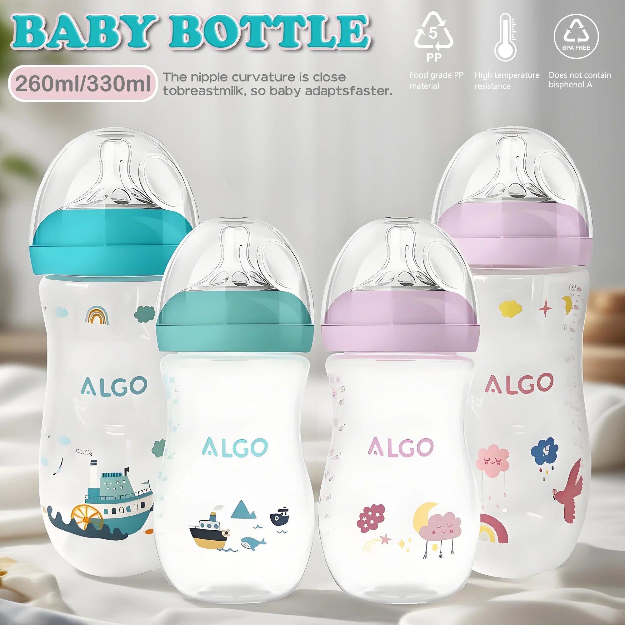 260ML 0-6 Months Baby Bottle Curved Large Capacity, High Temperature Resistance, Drop Resistance and Anti-Flatulence