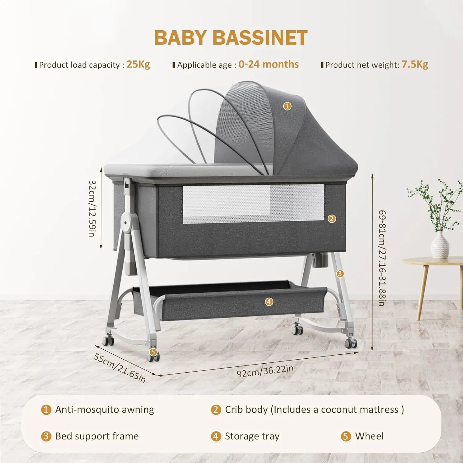 3 in 1 Baby Bed with Storage Basket & Mosquito Net, Baby Crib Five Height Adjustments Bedside Bassinet for Newborn 0-12 Months