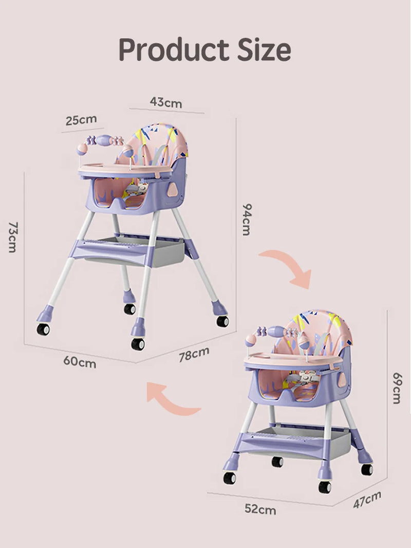 Baby Seat Toddler Eating Chair Baby High Chair for Dinner Baby Feeding Chair with 4 Wheels, Bib, Bowl&Spoon, Reclining