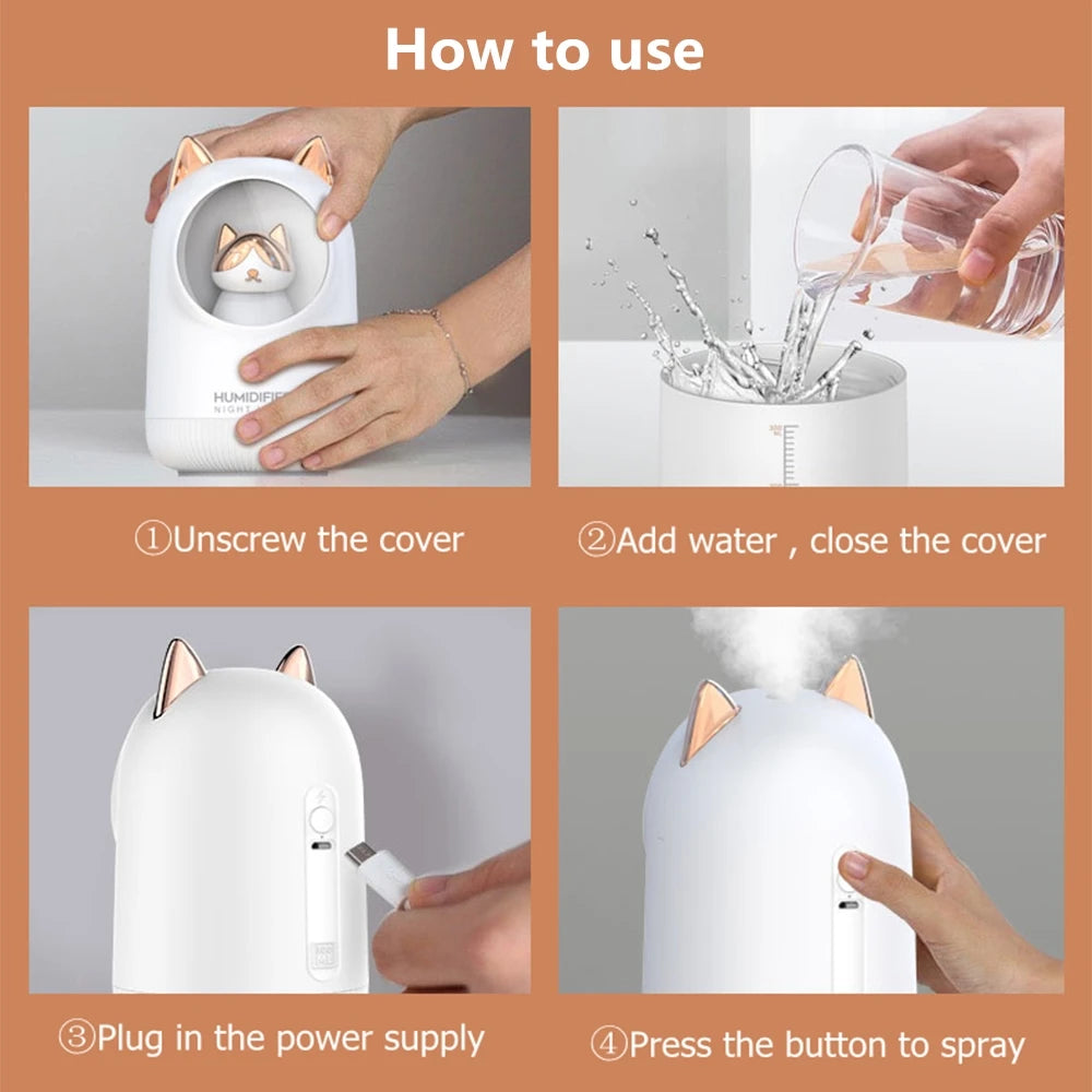 Lovely Kitty USB Air Humidifier Portable Car Aromatherapy Diffuser Fogger with Romantic Night Light 300Ml Humidificador Diffusor