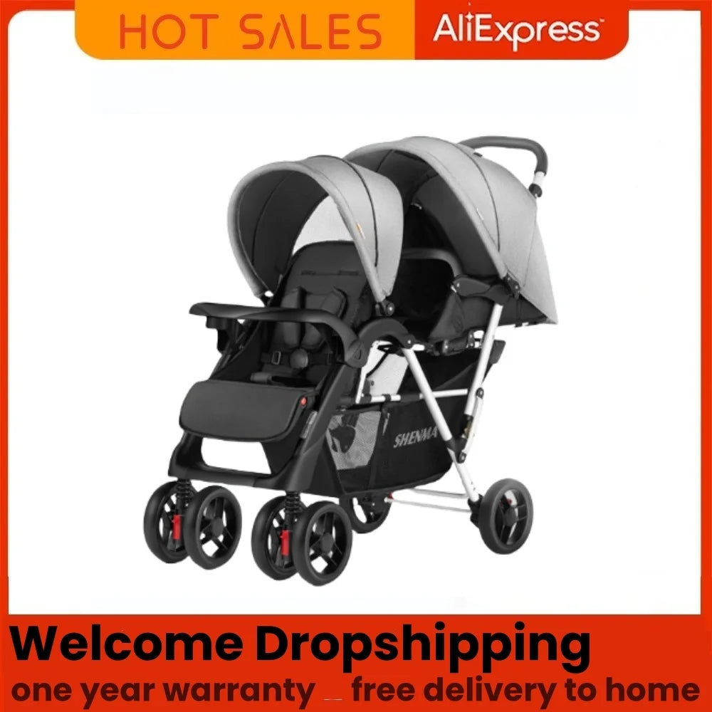 Twin Stroller, Poussette Double Baby Stroller Can Sit and Lie Down, Foldable Light-Weight Double Baby Stroller with Two Seat