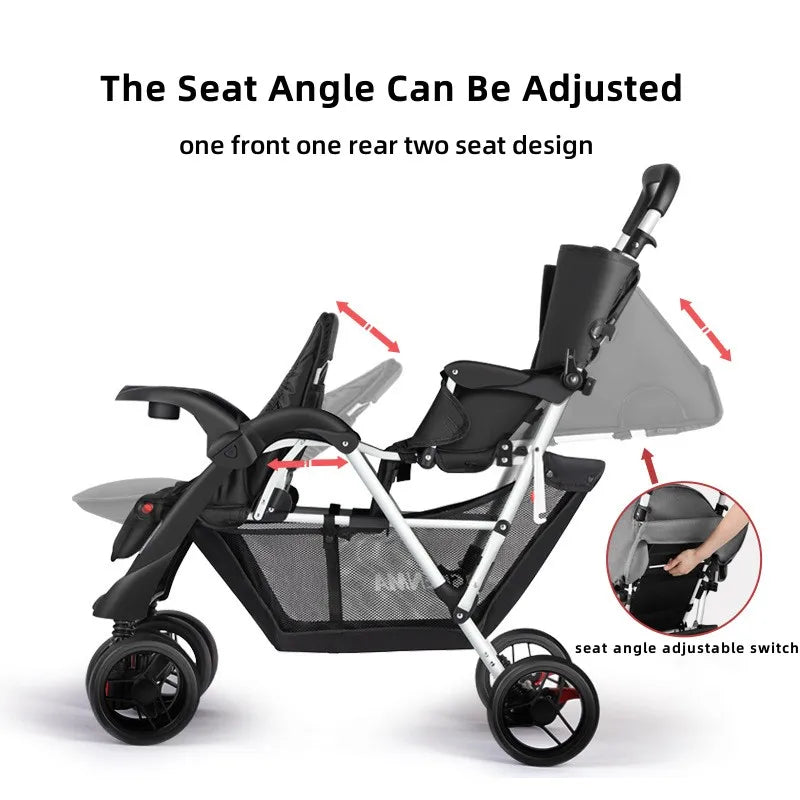 Twin Stroller, Poussette Double Baby Stroller Can Sit and Lie Down, Foldable Light-Weight Double Baby Stroller with Two Seat