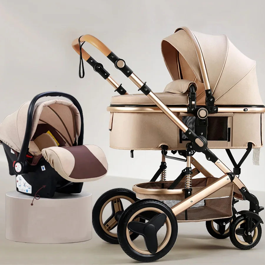 Portable Baby Stroller High View 3 in 1 Baby Stroller with Car Seat Foldable Baby Stroller Four-Wheel Shock-Absorbing Trolley