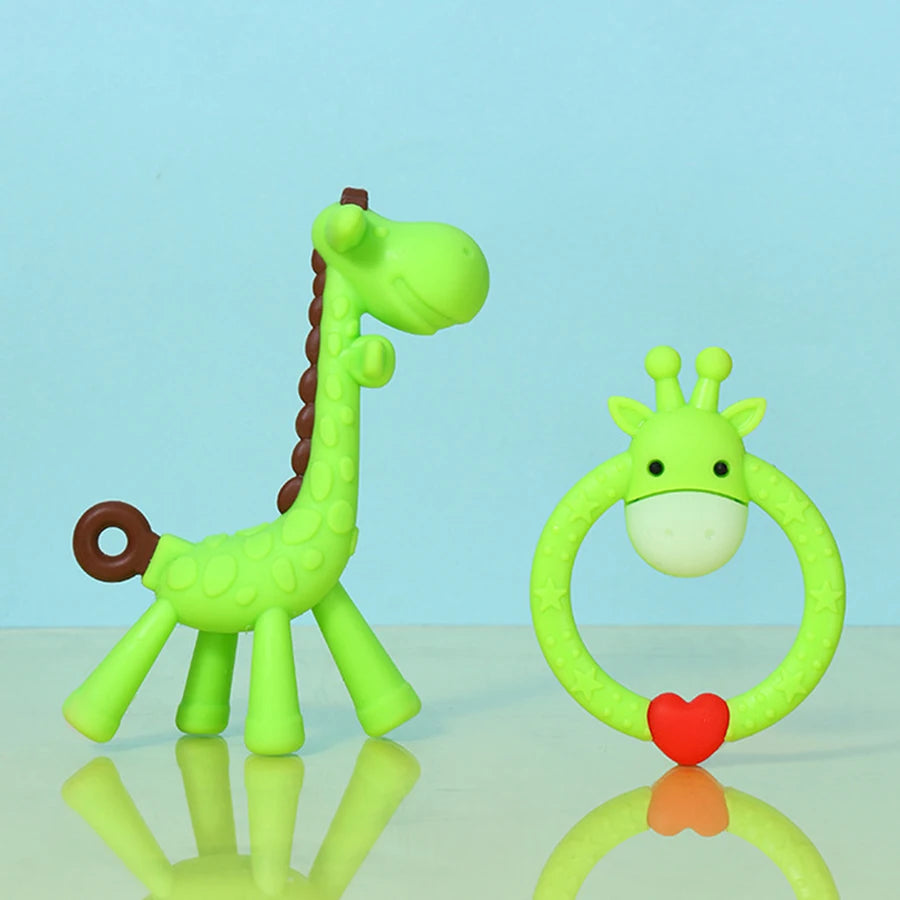 2Pcs Baby Deer Teether Toy Glue Giraffe Set Ring Deer Love Cute Animal Molar Relief Teething Discomfort Soft Silicone