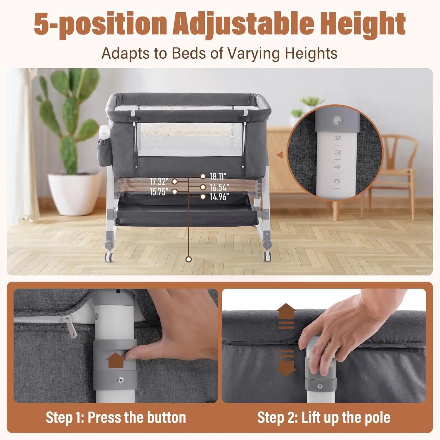 3 in 1 Baby Bed with Storage Basket & Mosquito Net, Baby Crib Five Height Adjustments Bedside Bassinet for Newborn 0-12 Months