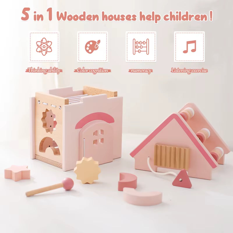 Baby Montessorri Toys Wooden Five-In-One Wooden Multifunctional Toys Activity Cube Silicone Geometric Blocks Educational Toys