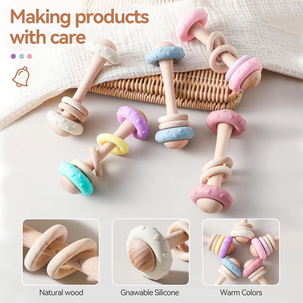 1Pc Baby Wooden Teether Toys BPA Free Silicone Ring Handle Music Rattle Teething for Baby Toys Montessori Toys for Kids Gift