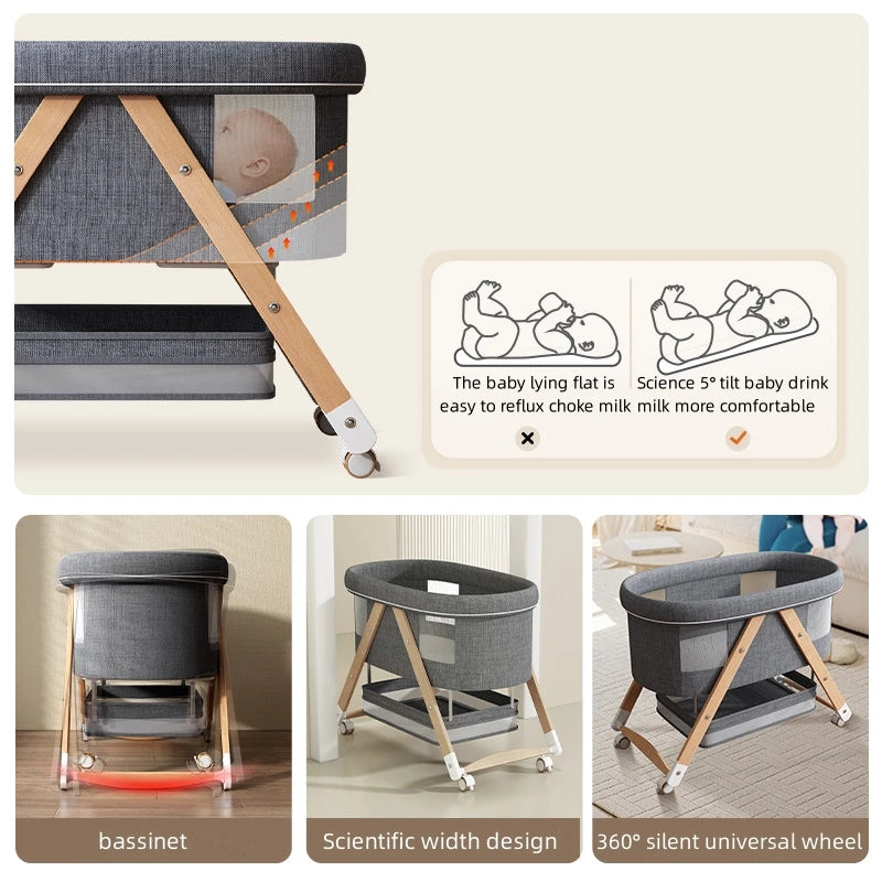 Multifunctional Wooden Baby Bed Foldable Mobile Baby Bassinet Baby Shaker Bb Adjustable Rollaway Bed