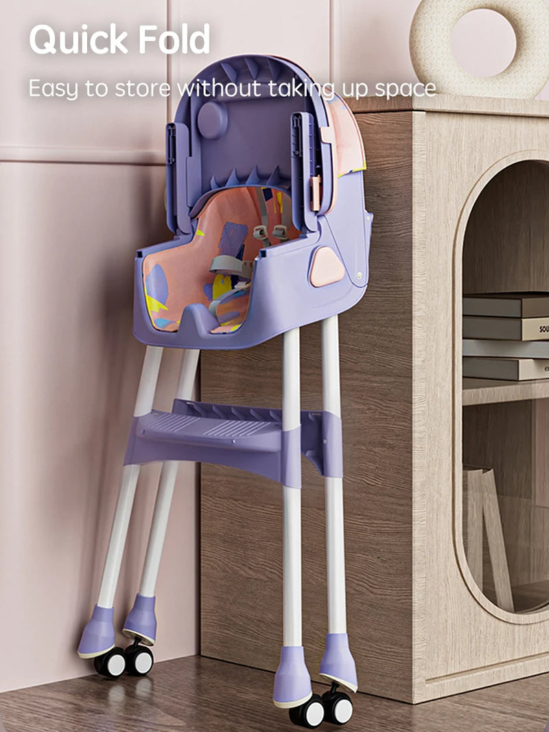 Baby Seat Toddler Eating Chair Baby High Chair for Dinner Baby Feeding Chair with 4 Wheels, Bib, Bowl&Spoon, Reclining