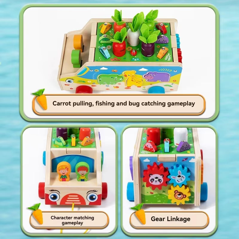 Children'S Wooden Multi Functional Animal Shape Matching Toy Puzzle Pulling Carrot Game Baby Fishing Cart Building Blocks
