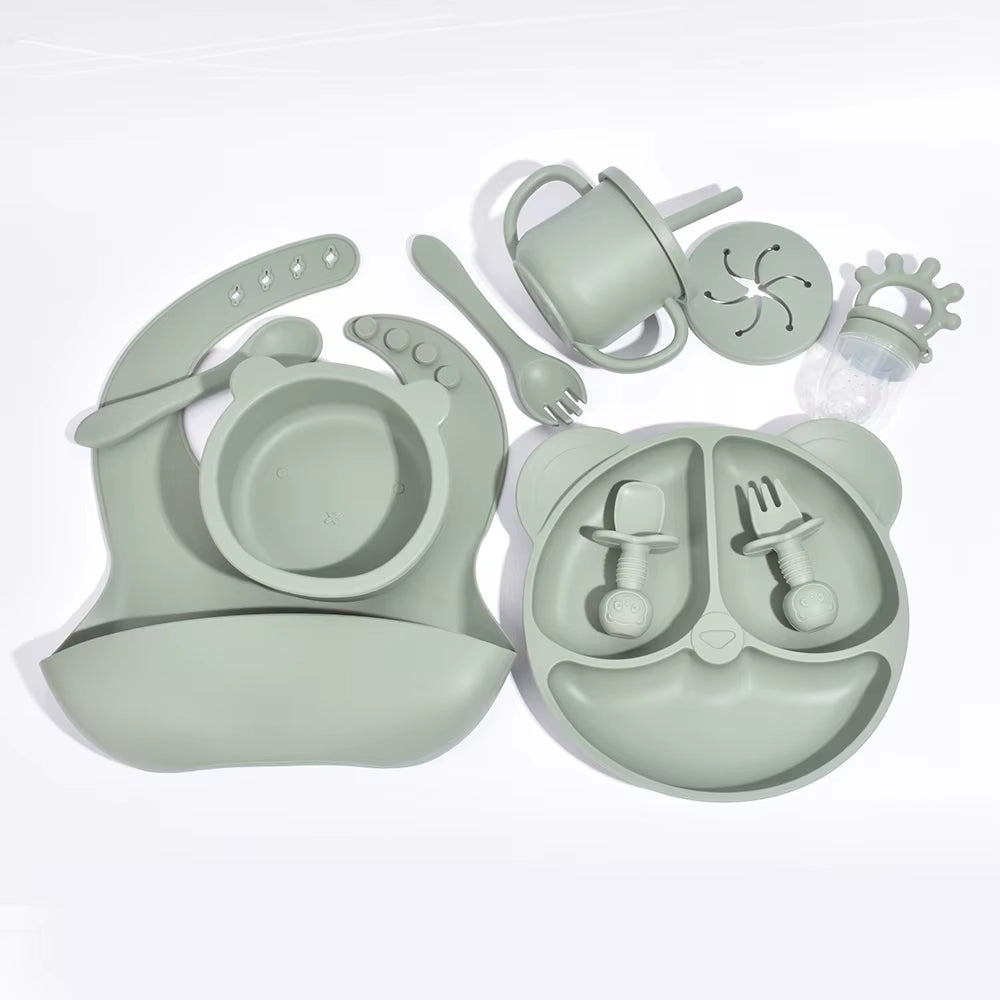 10Pcs Children'S Silicone Dinner Plate Set Strong Suction Anti-Fall Children'S Eating Training Bowl Fork Spoon Feeding Tableware