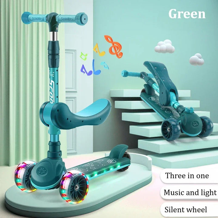2-In-1 Kids Kick Scooter with LED Lighted Wheels Adjustable Height Wide Deck 3 Wheel Scooter Sit/Stand Child Toddler Outdoor Toy