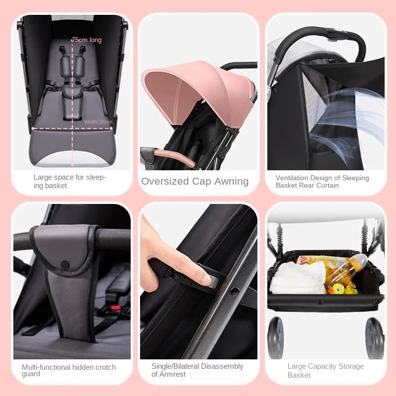 Newborns 0-4 Years Old Strollers Can Sit and Lie down One-Key Folding One-Way Push Four-Wheel Shock Absorber Lightweight Trolley