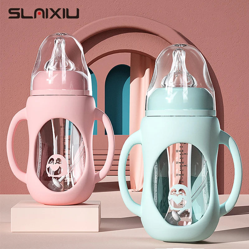 Baby Bottle Glass Dual Use and Children Drinking Cup Bottle Grip Handle for Natural Wide Mouth PP Glass Silicone Handle
