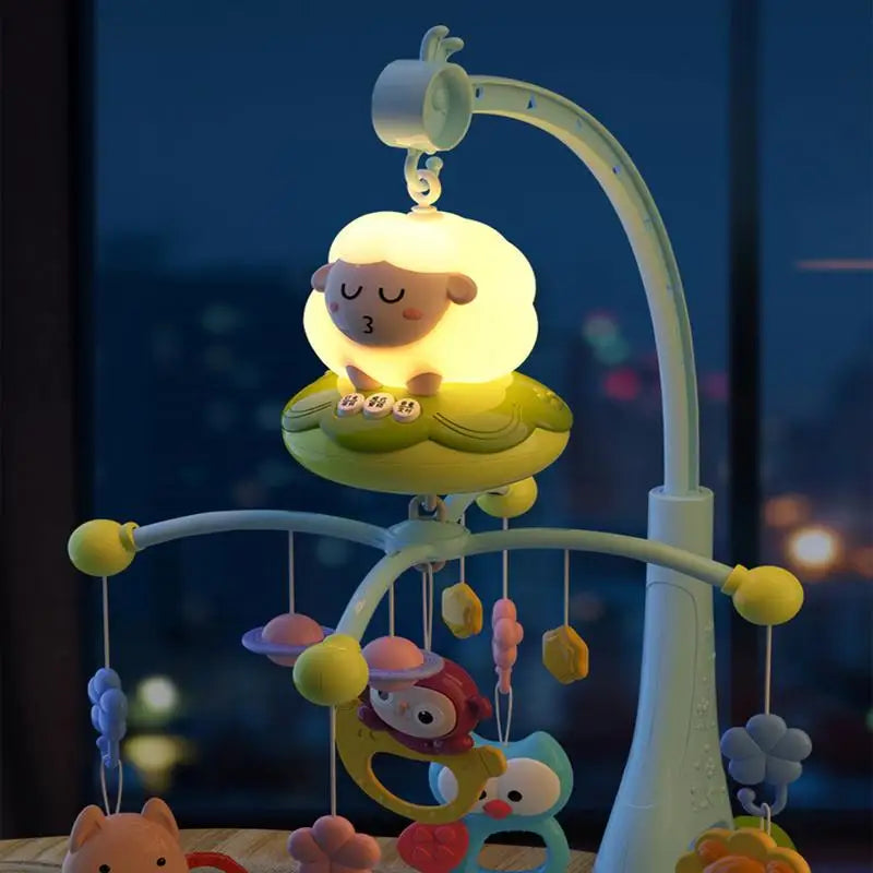 Baby Crib Mobile Rattle Toy with Music Lights Rotating Hangable Rattles Toy Cartoon Nursery Mobile for 0-24 Months Babys