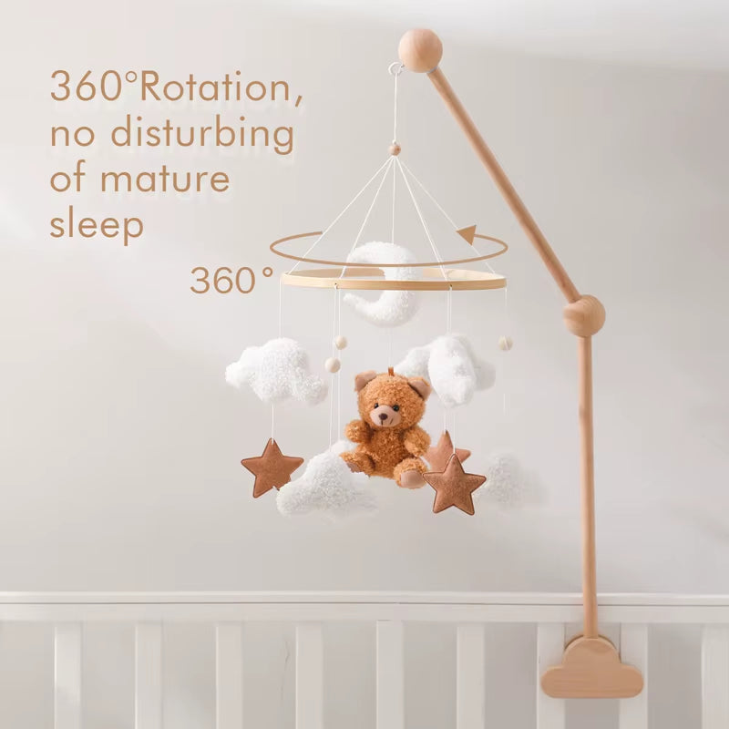 Wooden Crib Mobile Baby Bed Bell Rattle Toy Soft Felt Cartoon Bear Mobile Hanging Newborn Music Box Bed Bell Hanging Bracket Toy