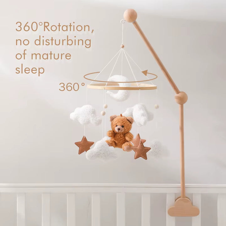 Wooden Crib Mobile Baby Bed Bell Rattle Toy Soft Felt Cartoon Bear Mobile Hanging Newborn Music Box Bed Bell Hanging Bracket Toy
