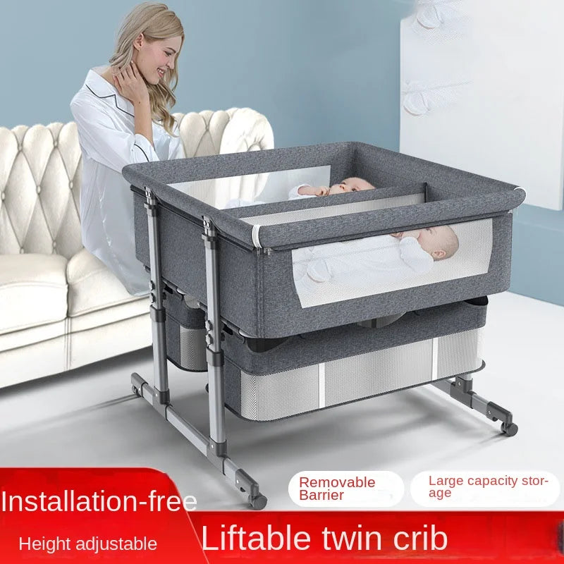Twins Crib Cradle Crib Bedside Bed Mobile Crib Sleeping Basket Baby Bed Newborn Double Bed Splicing Queen Bed Height Adjustable